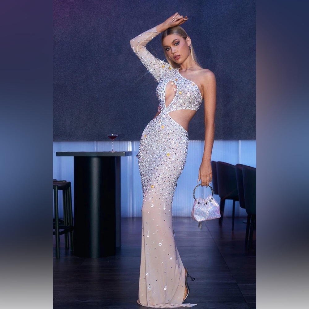 One Shoulder Cutout Embellished Maxi Dress